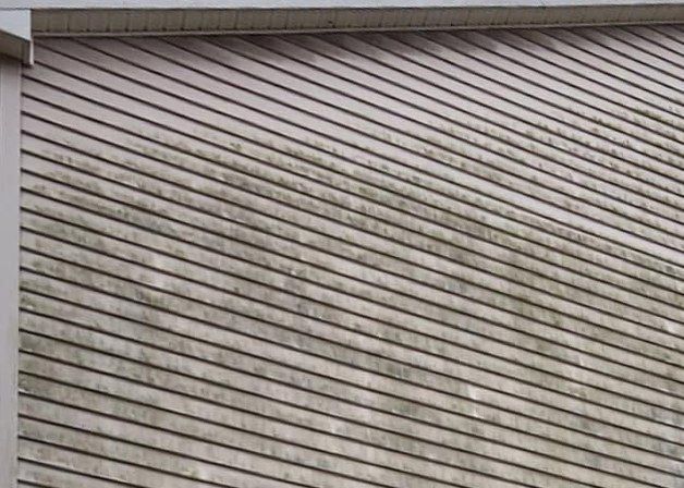 Vinyl siding under the eave streaked with green mildew