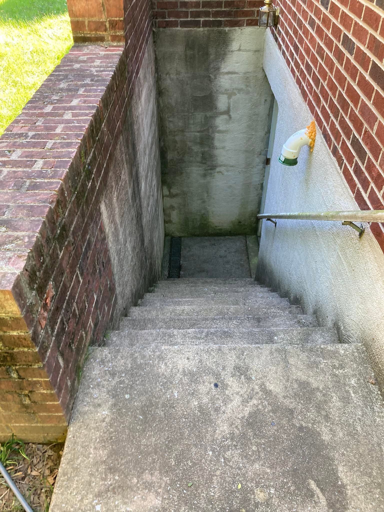 Basement stairwell with dark mildew on the walls and grime on the concrete steps