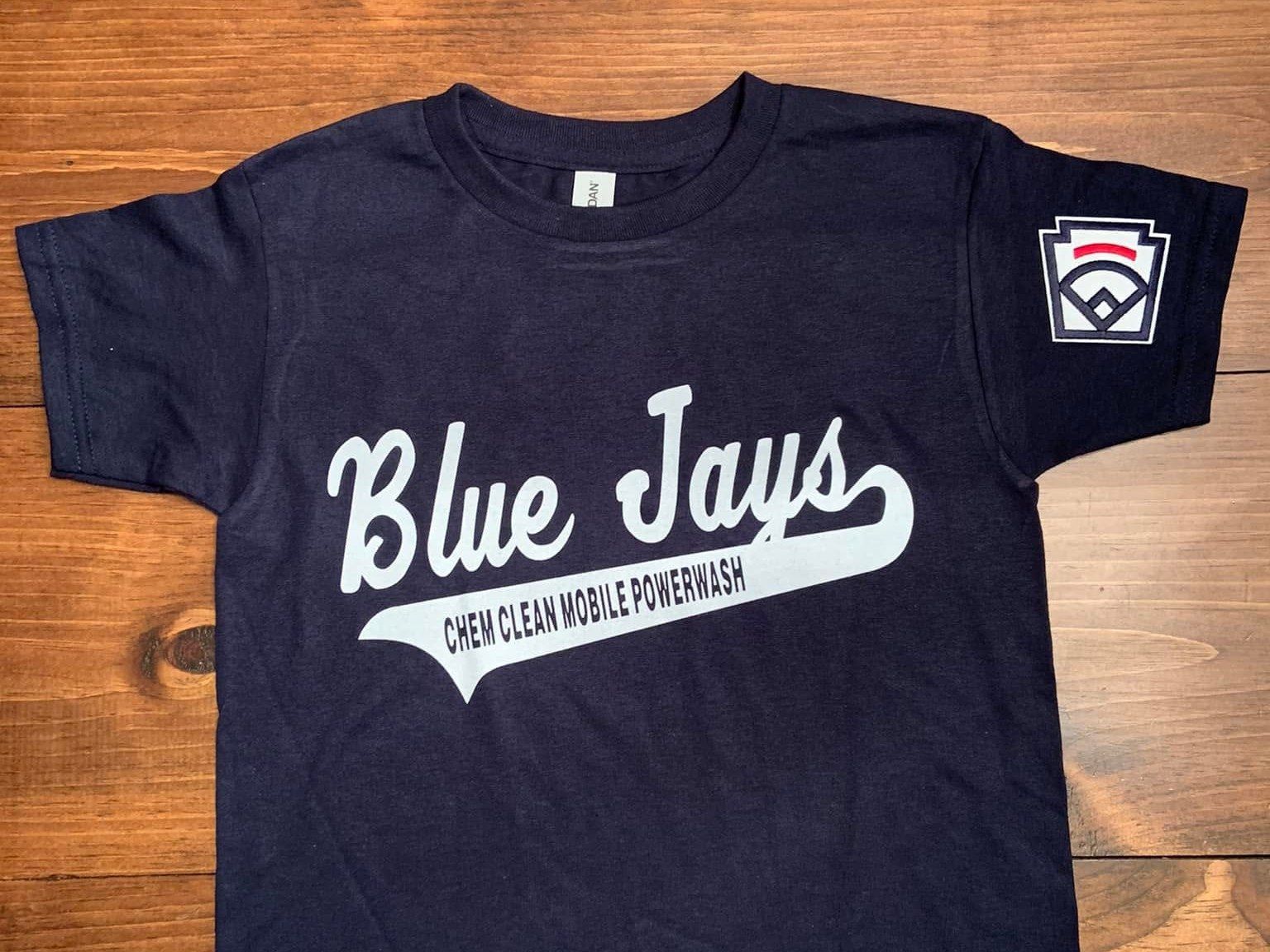 Navy Blue Jays team shirt with Chem Clean Mobile Powerwash under the team name and a Little League patch on the sleeve