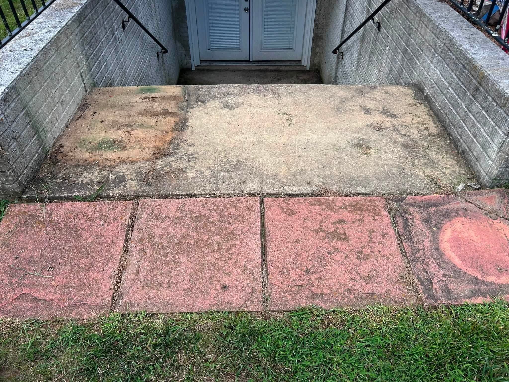 Algae and dirt on a concrete landing and red flagstone pavers before cleaning