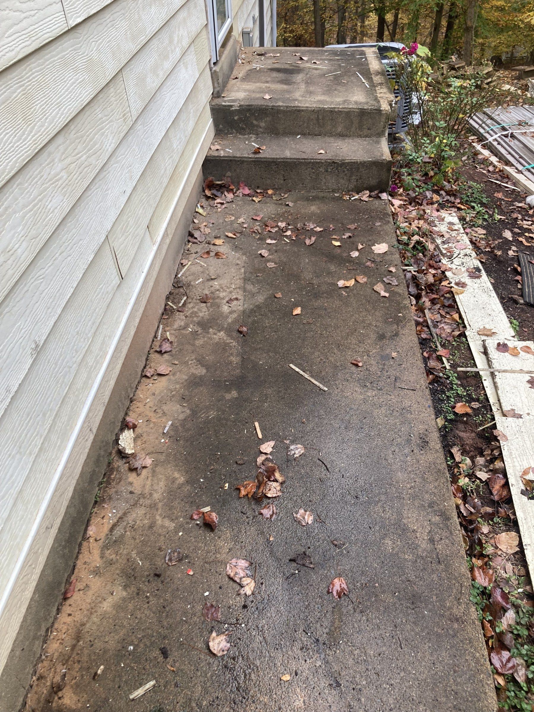 Concrete side walkway and steps dark with grime and leaves