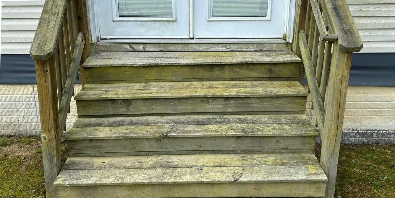 Weathered gray wooden steps with green growth